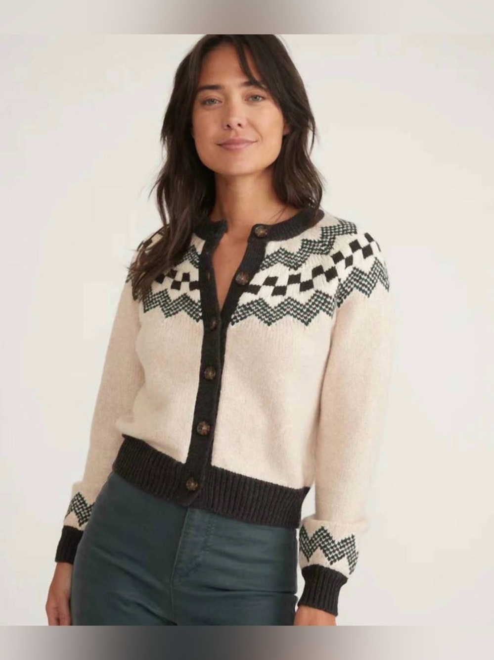 Marine Layer Ava Fair Isle Cardigan Oatmeal XS Wool Alpaca